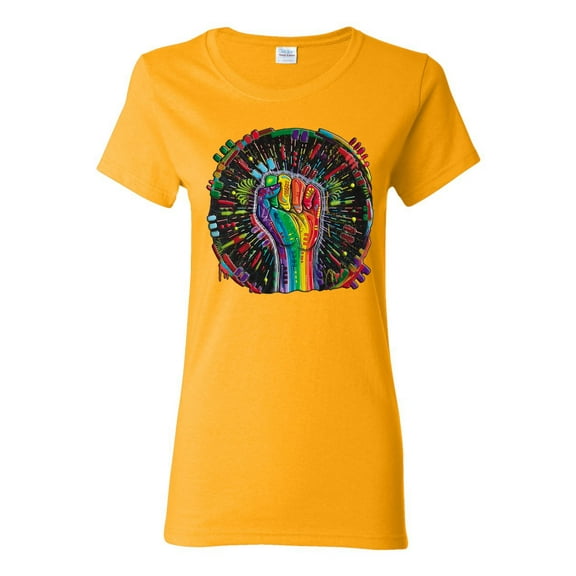 Wild Bobby The Power of Unity Colorful Fist Puff Print Fashion Womens Graphic Tee, Gold, Medium