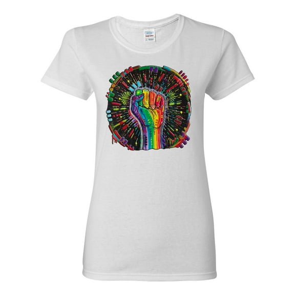 Wild Bobby The Power of Unity Colorful Fist Puff Print Fashion Womens Graphic Tee, White, Medium