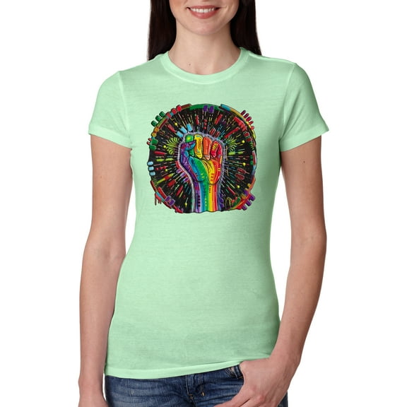 Wild Bobby The Power of Unity Colorful Fist Puff Print Fashion Womens Slim Fit Junior Tee, Mint, X-Large