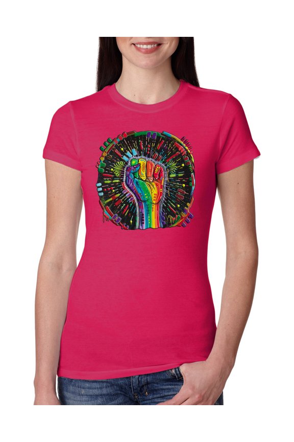 The Power of Unity Colorful Fist Puff Print Fashion Womens Slim Fit Junior Tee, Raspberry, Medium