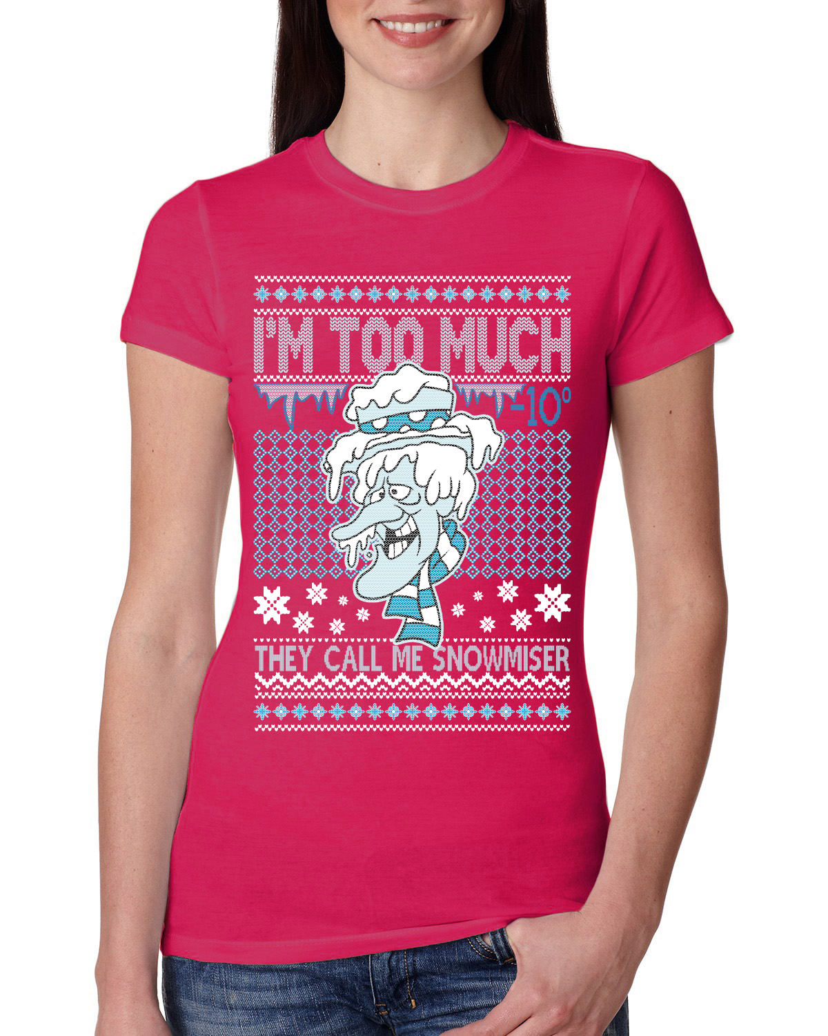 Wild Bobby They Call Me Snowmeiser I'm Too Much Ugly Christmas Sweater  Women Slim Fit Junior Tee, Hot Pink, Large