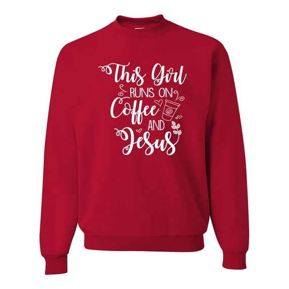Wild Bobby, This Girl Runs On Coffee And Jesus Inspirational/Christian Unisex Crewneck Graphic Sweatshirt, Red, X-Large