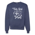 thumbnail image 1 of Wild Bobby This Girl Runs On Coffee And Jesus Inspirational/Christian Unisex Crewneck Graphic Sweatshirt, Vintage Heather Navy, Large, 1 of 5