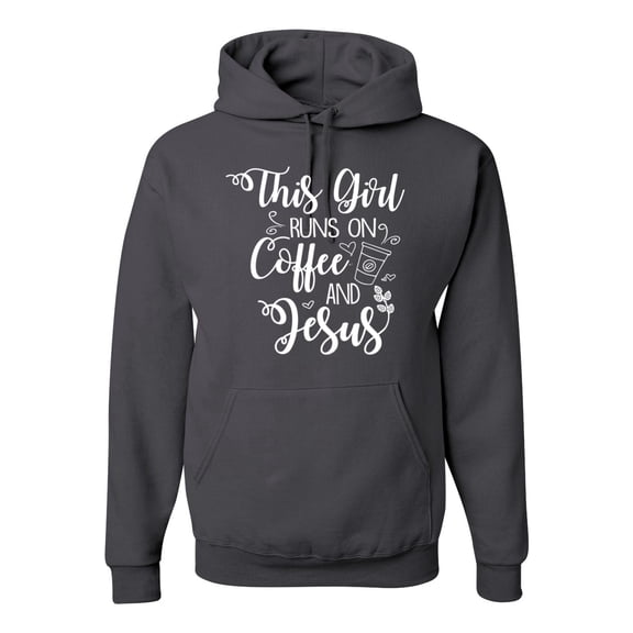 Wild Bobby This Girl Runs On Coffee And Jesus Inspirational/Christian Unisex Graphic Hoodie Sweatshirt, Charcoal, X-Large