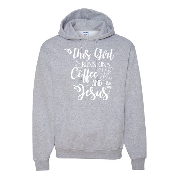 Wild Bobby, This Girl Runs On Coffee And Jesus Inspirational/Christian Unisex Graphic Hoodie Sweatshirt, Heather Grey, 3X-Large