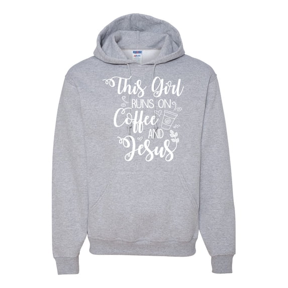 Wild Bobby This Girl Runs On Coffee And Jesus Inspirational/Christian Unisex Graphic Hoodie Sweatshirt, Heather Grey, Large