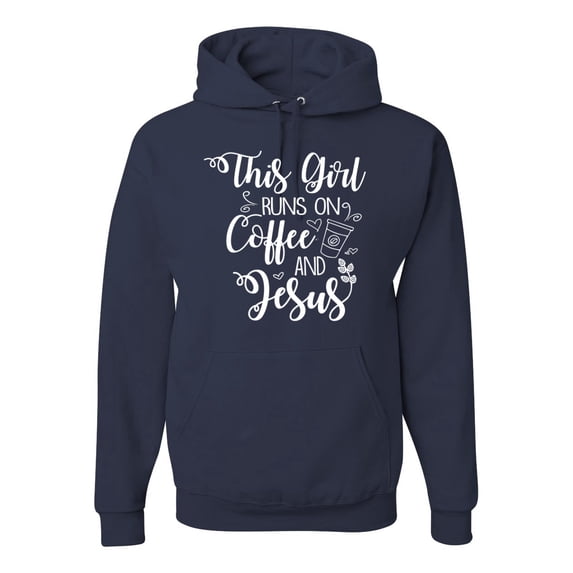 Wild Bobby This Girl Runs On Coffee And Jesus Inspirational/Christian Unisex Graphic Hoodie Sweatshirt, Navy, Small
