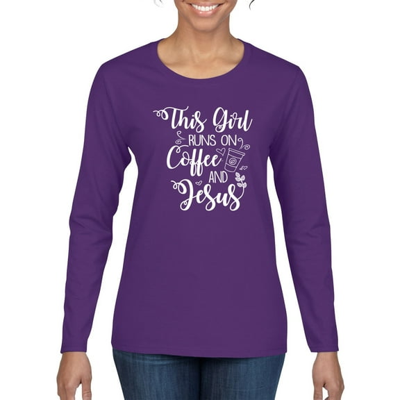 Wild Bobby This Girl Runs On Coffee And Jesus Inspirational/Christian Women Graphic Long Sleeve Tee, Purple, Small