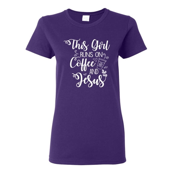 Wild Bobby This Girl Runs On Coffee And Jesus Inspirational/Christian Women Graphic Tee, Purple, XX-Large