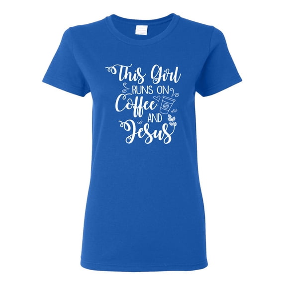 Wild Bobby This Girl Runs On Coffee And Jesus Inspirational/Christian Women Graphic Tee, Royal, Small