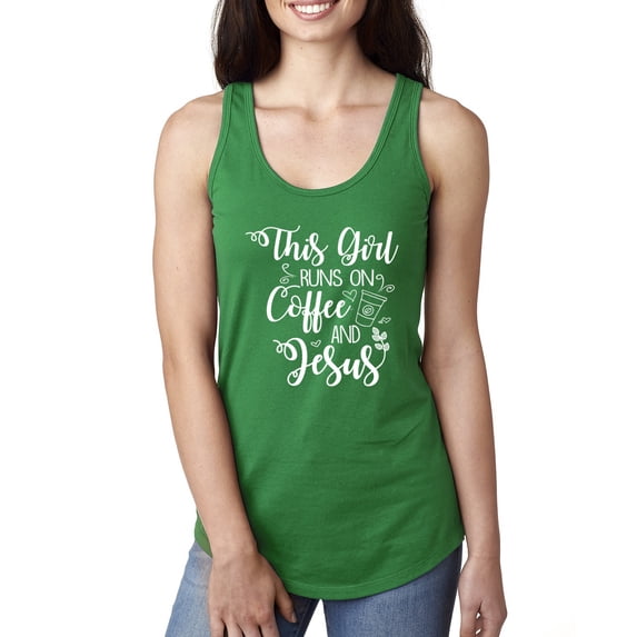 Wild Bobby This Girl Runs On Coffee And Jesus Inspirational/Christian Women Racerback Tank Top, Kelly, Medium