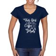 thumbnail image 1 of Wild Bobby This Girl Runs On Coffee And Jesus Inspirational/Christian Women Standard V-Neck Tee, Navy, Large, 1 of 5