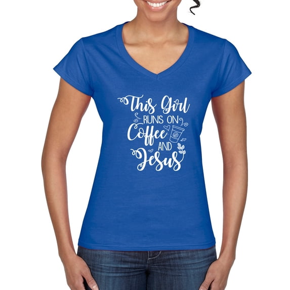 Wild Bobby This Girl Runs On Coffee And Jesus Inspirational/Christian Women Standard V-Neck Tee, Royal, X-Large