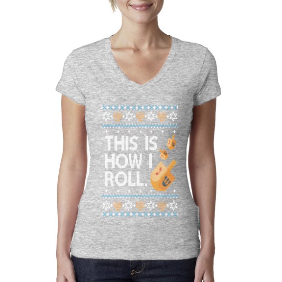 Wild Bobby This Is How I Roll Dreidel Hanukkah Sweater | Holiday Women Junior Fit V-Neck Tee