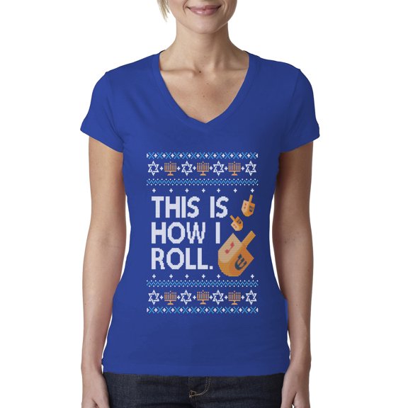 Wild Bobby This Is How I Roll Dreidel Hanukkah Sweater | Holiday Women Junior Fit V-Neck Tee