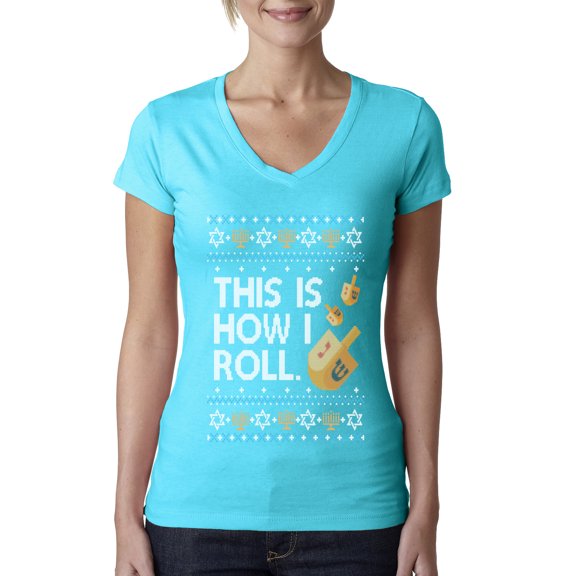 Wild Bobby This Is How I Roll Dreidel Hanukkah Sweater | Holiday Women Junior Fit V-Neck Tee