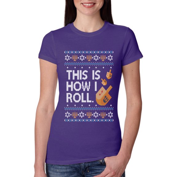 Wild Bobby This Is How I Roll Dreidel Hanukkah Sweater | Holiday Women Slim Fit Junior Tee