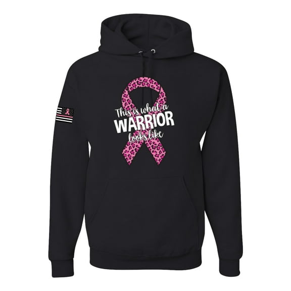 Wild Bobby, This is What a Warrior Looks Like Ribbon Pink USA Flag Sleeve Breast Cancer Awareness Unisex Hoodie Sweatshirt, Black, Large