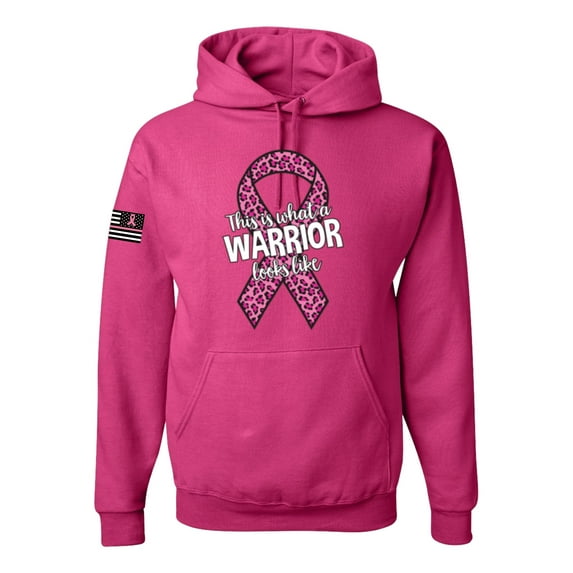 Wild Bobby, This is What a Warrior Looks Like Ribbon Pink USA Flag Sleeve Breast Cancer Awareness Unisex Hoodie Sweatshirt, Fuchsia, XX-Large