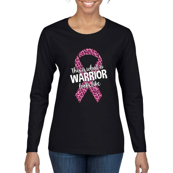 Wild Bobby This is What a Warrior Looks Like Ribbon Pink USA Flag Sleeve Breast Cancer Awareness Women Graphic Long Sleeve T-Shirt, Black, Small