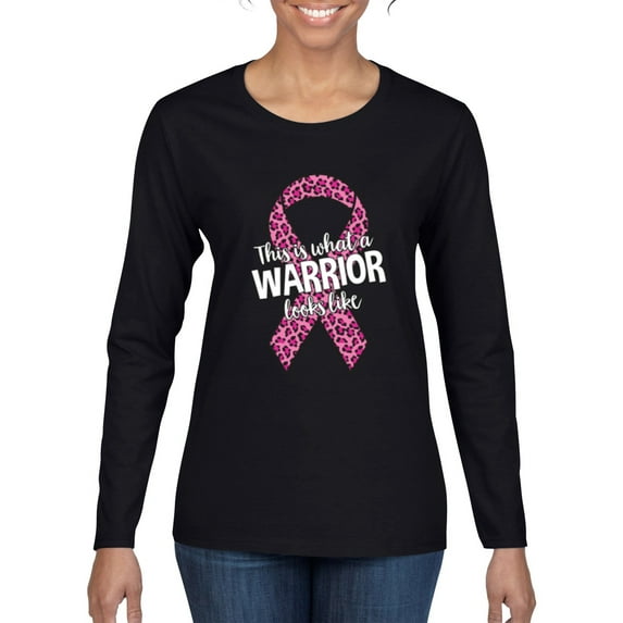 Wild Bobby This is What a Warrior Looks Like Ribbon Pink USA Flag Sleeve Breast Cancer Awareness Women Graphic Long Sleeve T-Shirt, Black, Small