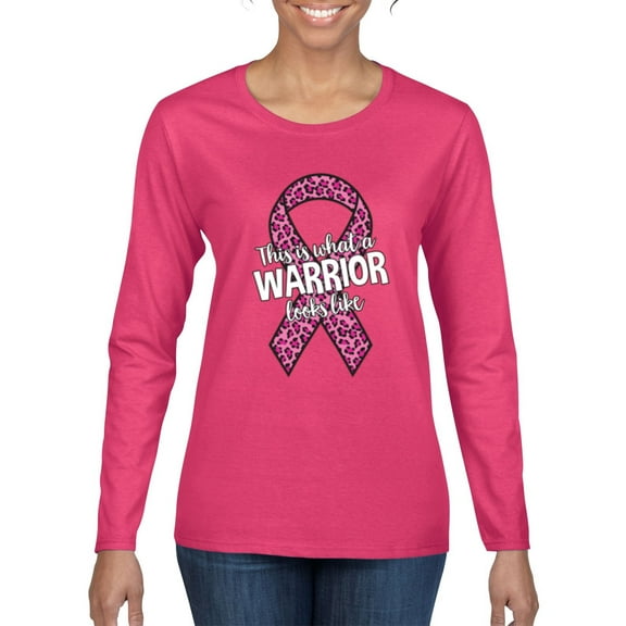 Wild Bobby This is What a Warrior Looks Like Ribbon Pink USA Flag Sleeve Breast Cancer Awareness Women Graphic Long Sleeve T-Shirt, Fuschia, Small