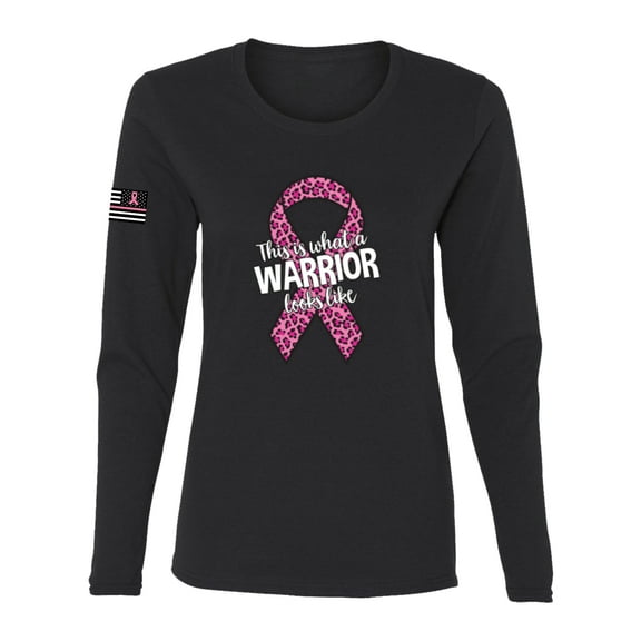 Wild Bobby This is What a Warrior Looks Like Ribbon Pink USA Flag Sleeve Breast Cancer Awareness Women Long Sleeve Tee, Black, Small