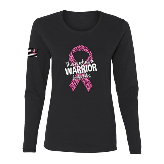 Wild Bobby This is What a Warrior Looks Like Ribbon Pink USA Flag Sleeve Breast Cancer Awareness Women Long Sleeve Tee, Black, Small