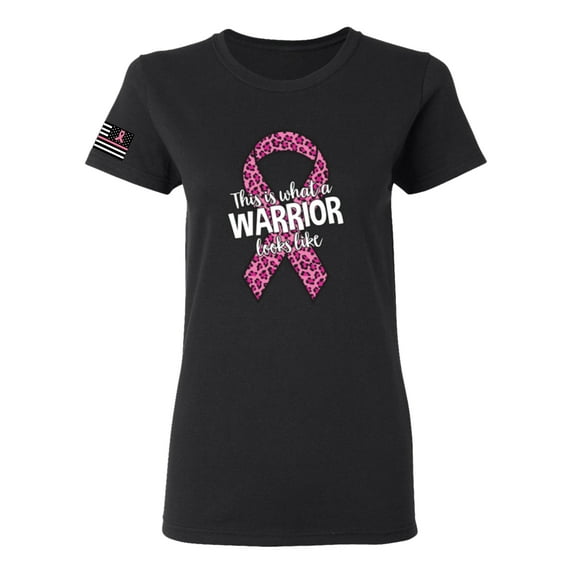 Wild Bobby This is What a Warrior Looks Like Ribbon Pink USA Flag Sleeve Breast Cancer Awareness Women Tee, Black, Small