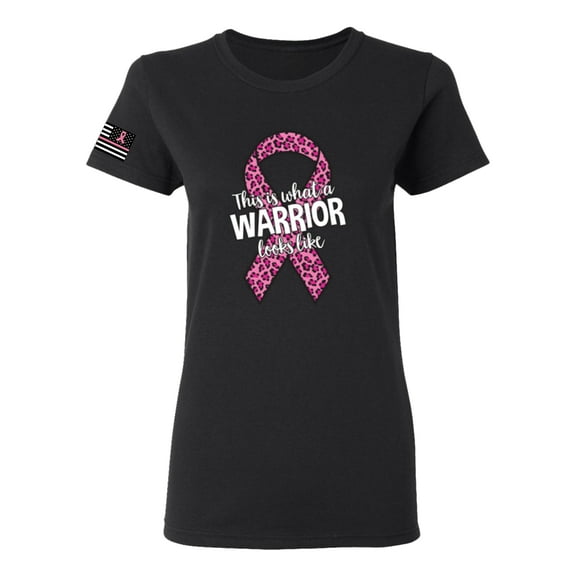 Wild Bobby This is What a Warrior Looks Like Ribbon Pink USA Flag Sleeve Breast Cancer Awareness Women Tee, Black, XX-Large