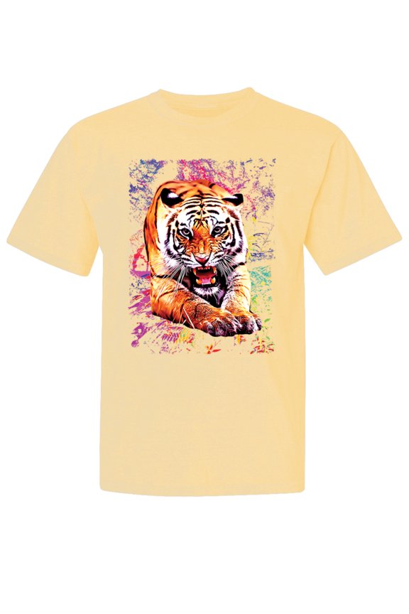 , Tiger Growling Colorful Trippy, Animal Lover, Garment-Dyed Washed Look Short Sleeve T-Shirt, Banana, Large