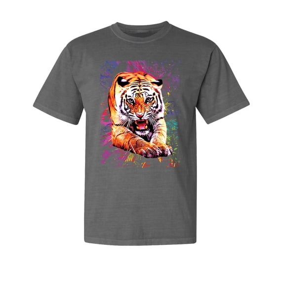 Wild Bobby, Tiger Growling Colorful Trippy, Animal Lover, Garment-Dyed Washed Look Short Sleeve T-Shirt, Charcoal, Medium