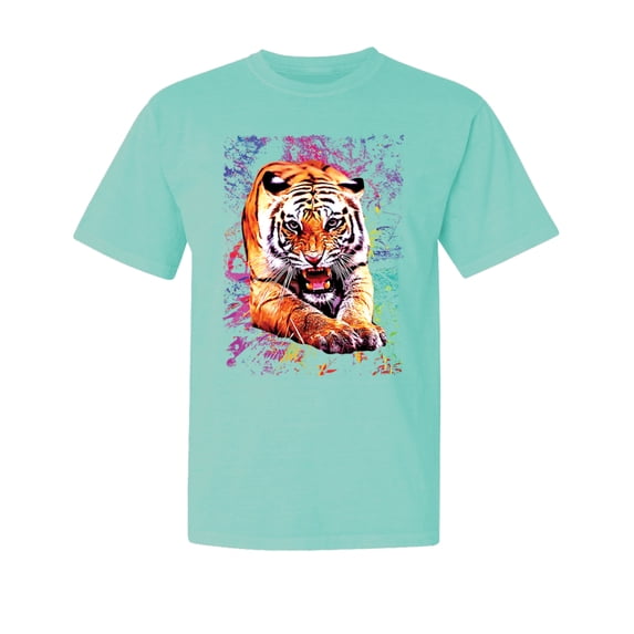 Wild Bobby, Tiger Growling Colorful Trippy, Animal Lover, Garment-Dyed Washed Look Short Sleeve T-Shirt, Mint, X-Large