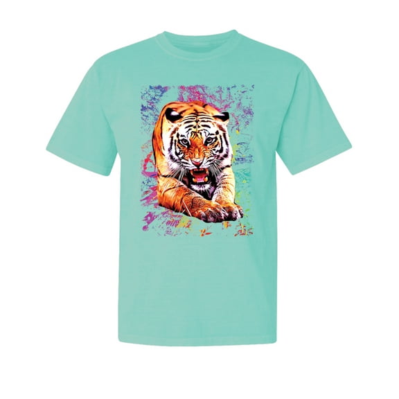 Wild Bobby, Tiger Growling Colorful Trippy, Animal Lover, Garment-Dyed Washed Look Short Sleeve T-Shirt, Mint, X-Large