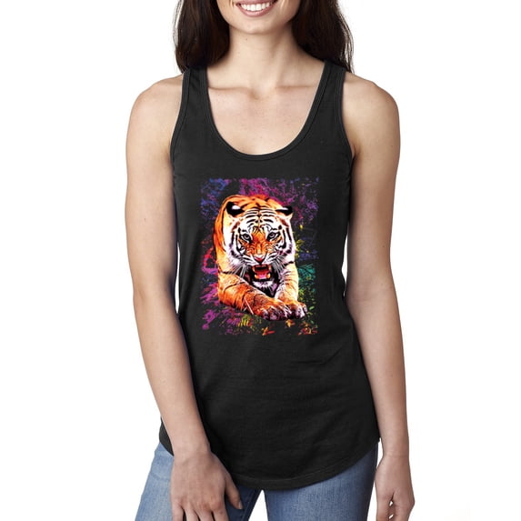 Wild Bobby, Tiger Growling Colorful Trippy Tie Dye Animal Lover Ladies Racerback Tank Top, Black, Large