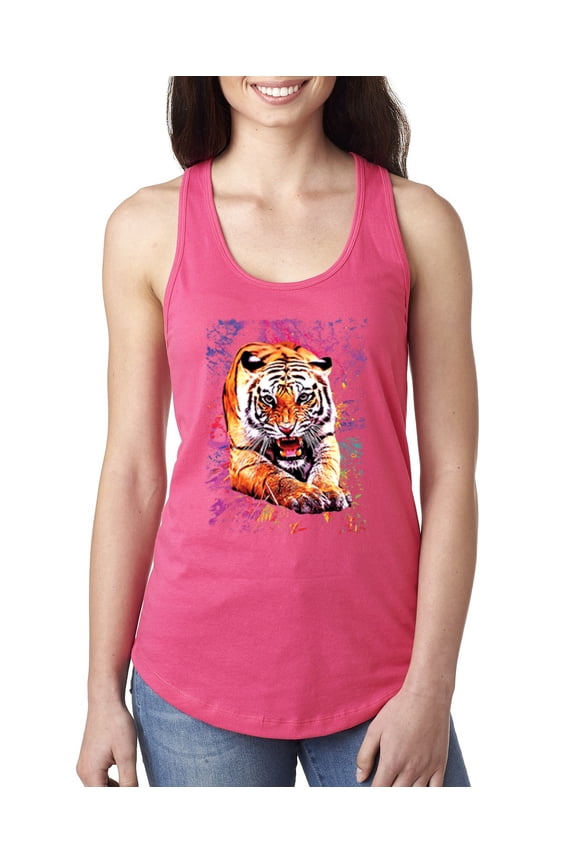 , Tiger Growling Colorful Trippy Tie Dye Animal Lover Ladies Racerback Tank Top, Hot Pink, Large