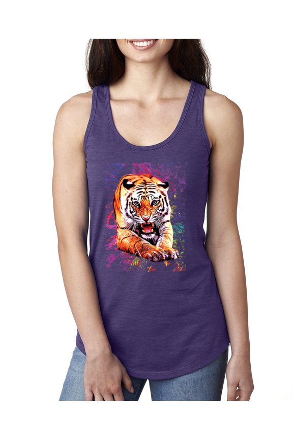 , Tiger Growling Colorful Trippy Tie Dye Animal Lover Ladies Racerback Tank Top, Purple Rush, Small