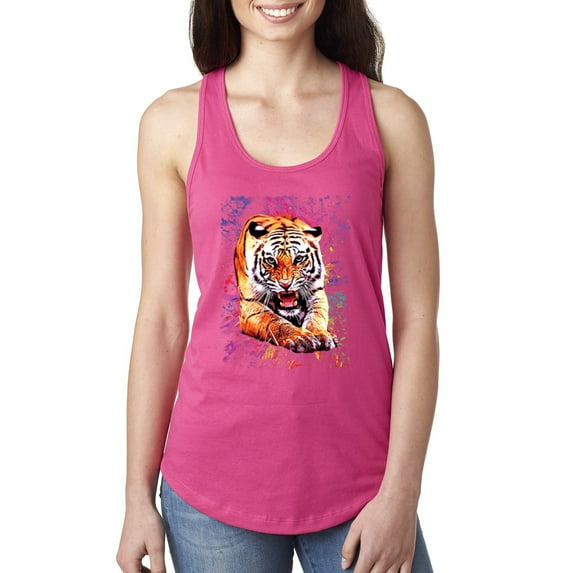 Wild Bobby, Tiger Growling Colorful Trippy Tie Dye Animal Lover Ladies Racerback Tank Top, Raspberry, Large