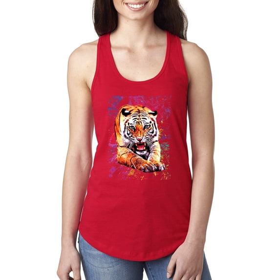 Wild Bobby, Tiger Growling Colorful Trippy Tie Dye Animal Lover Ladies Racerback Tank Top, Red, X-Large