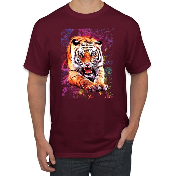 Wild Bobby, Tiger Growling Colorful Trippy Tie Dye Animal Lover Men's Graphic T-Shirt, Maroon, 5XL
