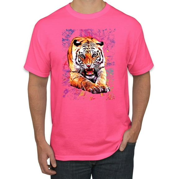 Wild Bobby, Tiger Growling Colorful Trippy Tie Dye Animal Lover Men's Graphic T-Shirt, Neon Pink, Medium