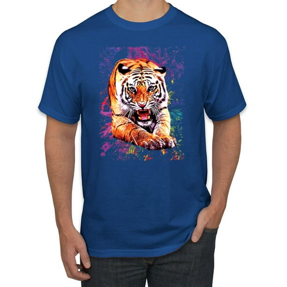 Wild Bobby, Tiger Growling Colorful Trippy Tie Dye Animal Lover Men's Graphic T-Shirt, Royal, Medium