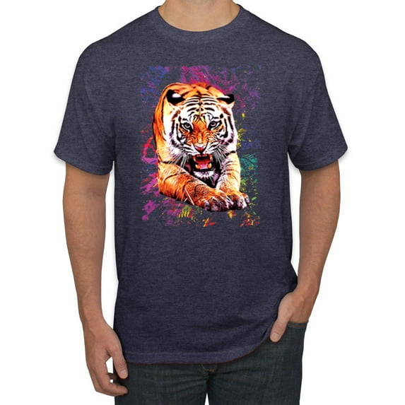 Wild Bobby, Tiger Growling Colorful Trippy Tie Dye Animal Lover Men's Graphic T-Shirt, Vintage Heather Navy, 4XL
