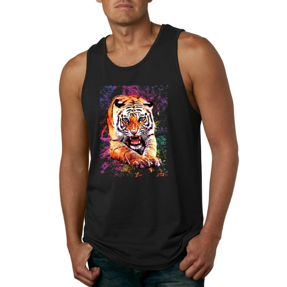 Wild Bobby, Tiger Growling Colorful Trippy Tie Dye Animal Lover Mens Graphic Tank Top, Black, Small