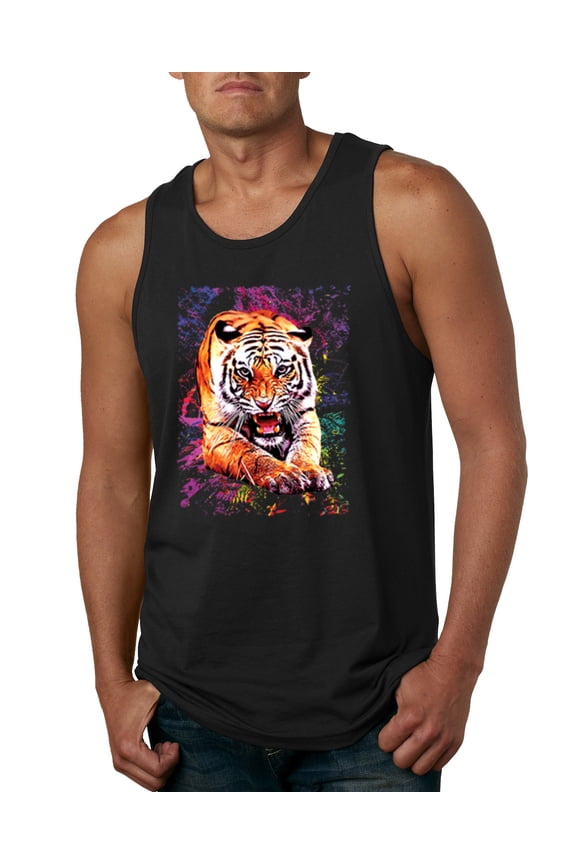 , Tiger Growling Colorful Trippy Tie Dye Animal Lover Mens Graphic Tank Top, Black, Small
