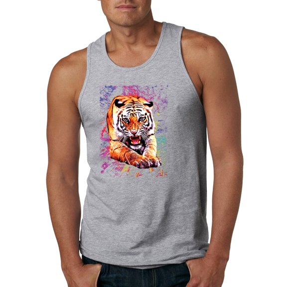 Wild Bobby, Tiger Growling Colorful Trippy Tie Dye Animal Lover Mens Graphic Tank Top, Heather Grey, Medium