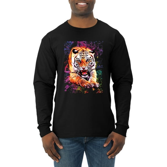 Wild Bobby, Tiger Growling Colorful Trippy Tie Dye Animal Lover Mens Long Sleeve Shirt, Black, Large