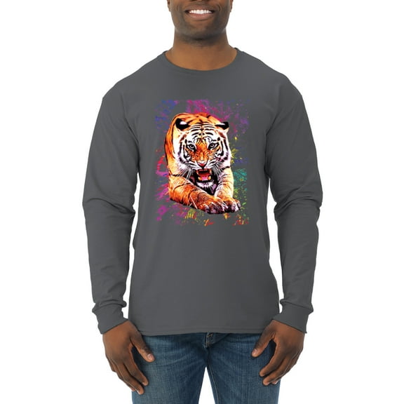 Wild Bobby, Tiger Growling Colorful Trippy Tie Dye Animal Lover Mens Long Sleeve Shirt, Charcoal, Medium
