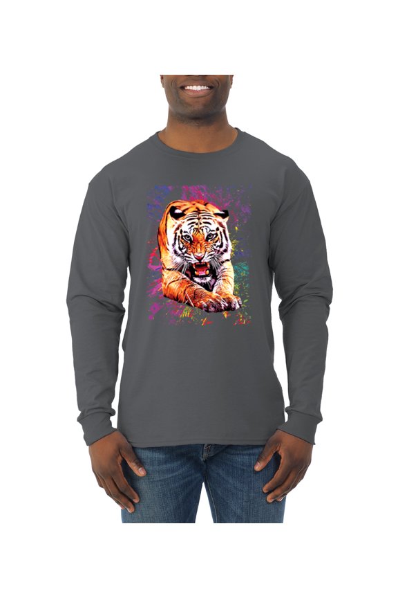 , Tiger Growling Colorful Trippy Tie Dye Animal Lover Mens Long Sleeve Shirt, Charcoal, Small