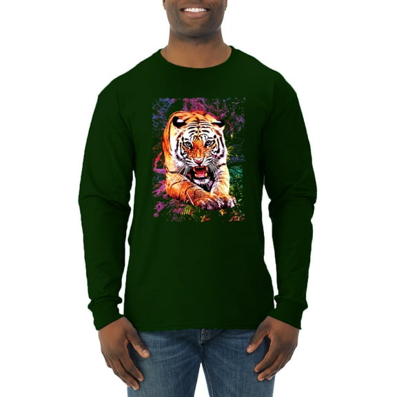 Wild Bobby, Tiger Growling Colorful Trippy Tie Dye Animal Lover Mens Long Sleeve Shirt, Forest Green, Medium